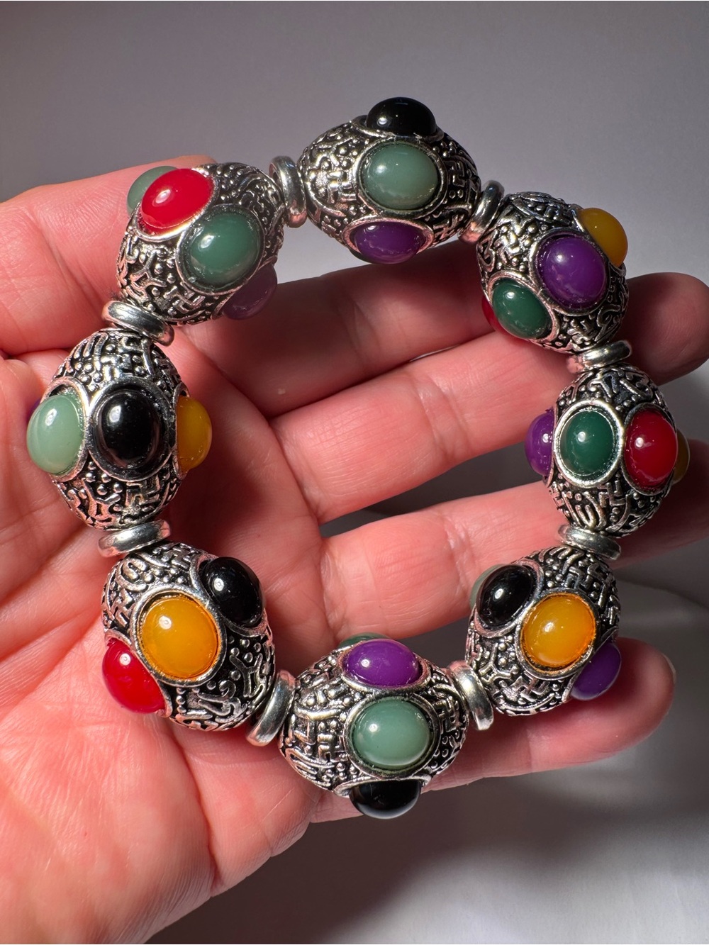 Multicolor Stone Floral Silver-Tone Stretch Bracelet